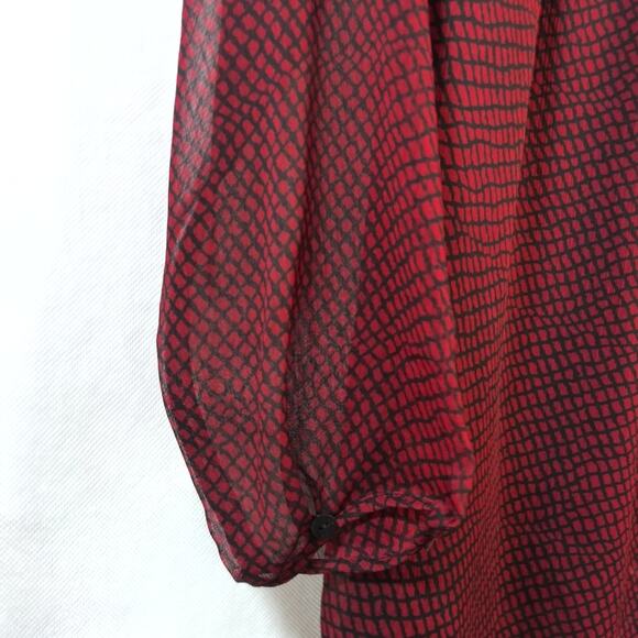 Coldwater Creek Red Black Print Woven Round Neck Sheer Long Sleeve Size M - Picture 4 of 6